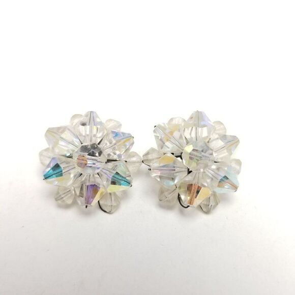 Vintage Sparkly Clear AB Beaded Cluster Clip On Earrings, Retro 60s Style - Picture 2 of 6